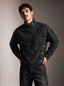 FeverCity Men's Washed Black Gray Asymmetrical Placket Long Sleeve Top - Black - View 1