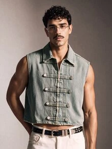 FeverCity Men's Washed Vintage Blue Decorative Buckle Zipper Vest - Light Wash - View 1