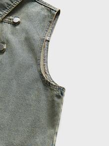 FeverCity Men's Washed Vintage Blue Decorative Buckle Zipper Vest - Light Wash - View 7