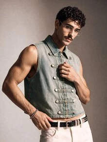 FeverCity Men's Washed Vintage Blue Decorative Buckle Zipper Vest - Light Wash - View 3