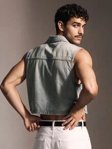 FeverCity Men's Washed Vintage Blue Decorative Buckle Zipper Vest - Light Wash - View 2