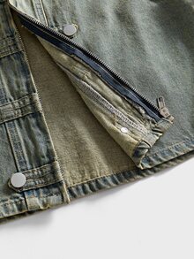FeverCity Men's Washed Vintage Blue Decorative Buckle Zipper Vest - Light Wash - View 8