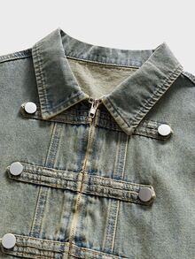 FeverCity Men's Washed Vintage Blue Decorative Buckle Zipper Vest - Light Wash - View 5