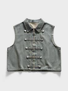 FeverCity Men's Washed Vintage Blue Decorative Buckle Zipper Vest - Light Wash - View 4