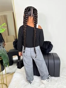 SHEIN 女童小女孩針織純色單肩休閒衛衣，特殊效果印花圖案，搭配寬鬆直筒長褲 2 件套 - 黑色 - 查看 2