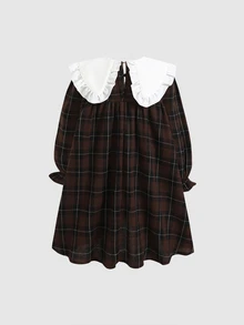 SHEIN 秋日童話風 2026 新款女童秋冬洋裝：深棕色格紋 + 大領設計，時尚青春，適合雙胞胎/姊妹穿搭 - 咖啡棕 - 查看 2