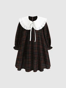SHEIN 秋日童話風 2026 新款女童秋冬洋裝：深棕色格紋 + 大領設計，時尚青春，適合雙胞胎/姊妹穿搭 - 咖啡棕 - 查看 9