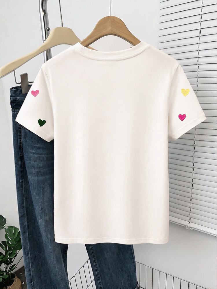SHEIN [Printed Design] Plus Size Women's Heart Pattern Round Neck Loose Casual Short Sleeve T-Shirt - White - View 2