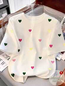 SHEIN [Printed Design] Plus Size Women's Heart Pattern Round Neck Loose Casual Short Sleeve T-Shirt - White - View 1