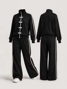 Juhart Plus Size Women's Elegant Frog Button Long Sleeve Top And Striped Colorblock Pants 2 Pieces Set - Black - View 6