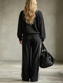 Juhart Plus Size Women's Elegant Frog Button Long Sleeve Top And Striped Colorblock Pants 2 Pieces Set - Black - View 2