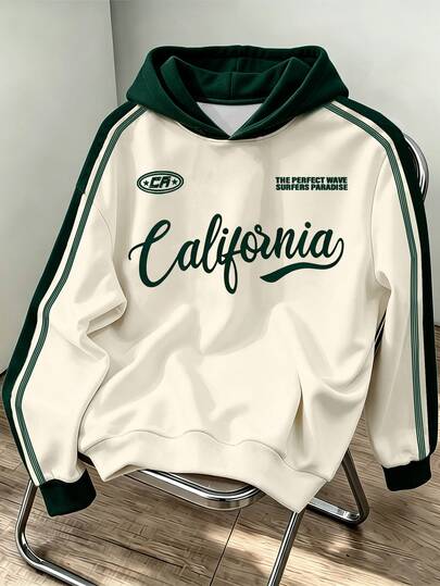 Daypath Sudadera con capucha holgada casual para hombre estilo universitario blanco, manga raglán de color contrastante, estampado gráfico vintage americano con letras de California, otoño