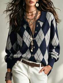 SHEIN New Spring Fall Vintage Argyle Knit Cardigan Women Peter Pan Collar Preppy Button Front Layer Jacket - Dusty Blue - View 8