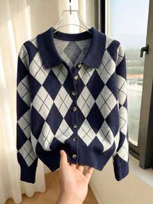 SHEIN New Spring Fall Vintage Argyle Knit Cardigan Women Peter Pan Collar Preppy Button Front Layer Jacket - Dusty Blue - View 3