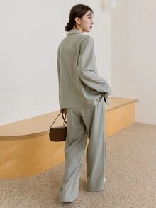 DAZY Lapel Neck Blazer & Fold Pleated Tailored Trousers - Khaki - View 2