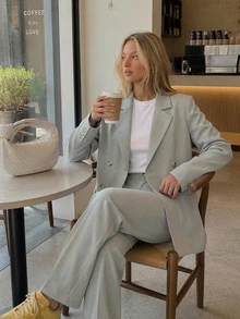 DAZY Lapel Neck Blazer & Fold Pleated Tailored Trousers - Khaki - View 10