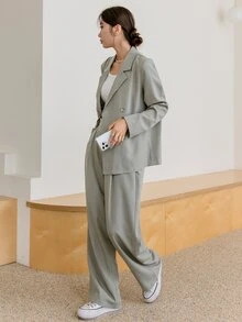 DAZY Lapel Neck Blazer & Fold Pleated Tailored Trousers - Khaki - View 6