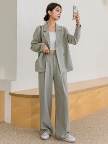 DAZY Lapel Neck Blazer & Fold Pleated Tailored Trousers - Khaki - View 5