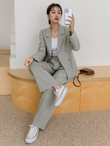 DAZY Lapel Neck Blazer & Fold Pleated Tailored Trousers - Khaki - View 7