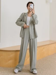 DAZY Lapel Neck Blazer & Fold Pleated Tailored Trousers - Khaki - View 8