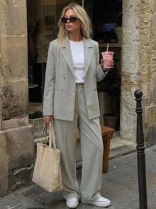 DAZY Lapel Neck Blazer & Fold Pleated Tailored Trousers - Khaki - View 9