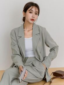 DAZY Lapel Neck Blazer & Fold Pleated Tailored Trousers - Khaki - View 4