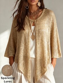 Linhara CURVE 2026NewPlusSizeSolidColorKnitCapeWithGoldSilverMetallicThreadLuxuriousShawlSuitableForRomanticVacationWomenCapeSweaterSparklySilverLurexBlend - Aprikot - View 4