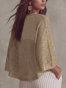 Linhara CURVE 2026NewPlusSizeSolidColorKnitCapeWithGoldSilverMetallicThreadLuxuriousShawlSuitableForRomanticVacationWomenCapeSweaterSparklySilverLurexBlend - Aprikot - View 2