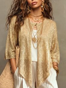 Linhara CURVE 2026NewPlusSizeSolidColorKnitCapeWithGoldSilverMetallicThreadLuxuriousShawlSuitableForRomanticVacationWomenCapeSweaterSparklySilverLurexBlend - Aprikot - View 1