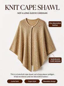Linhara CURVE 2026NewPlusSizeSolidColorKnitCapeWithGoldSilverMetallicThreadLuxuriousShawlSuitableForRomanticVacationWomenCapeSweaterSparklySilverLurexBlend - Aprikot - View 8
