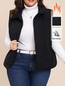 Comfylo 大尺碼女款黑色加厚填充羽絨背心，秋季保暖拉鍊無袖外套，休閒工裝優雅日常款，適合登山、商務通勤、度假、夜店、辦公室 - 黑色 - 查看 2