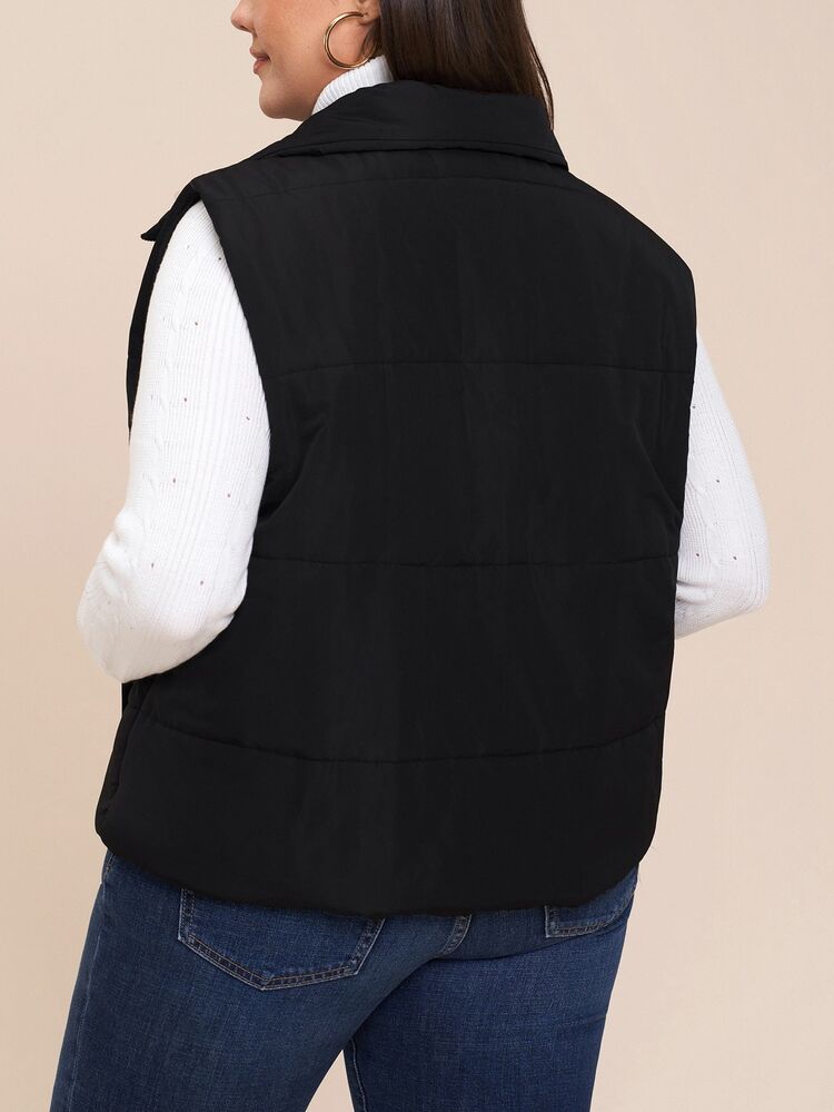 Comfylo Plus Size Women Black Padded Puffer Vest,Autumn Warm Zip-Up Sleeveless Coat,Casual Normal Hiking Fall Business Work Office Siren Style,Daily Wear - Black - View 10