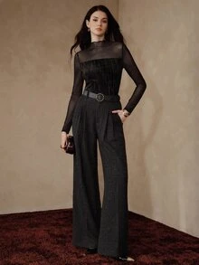 Anewsta Women's Designer Velvet & Mesh Patchwork Long Sleeve Fashion Elegant Top - Black - View 3