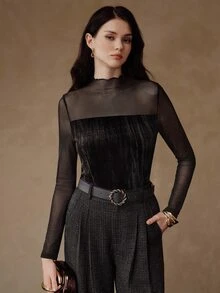 Anewsta Women's Designer Velvet & Mesh Patchwork Long Sleeve Fashion Elegant Top - Black - View 1