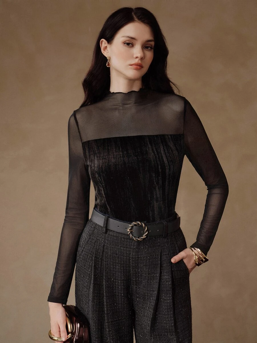 Anewsta Women's Designer Velvet & Mesh Patchwork Long Sleeve Fashion Elegant Top - Black - View 1