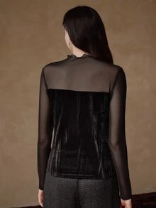 Anewsta Women's Designer Velvet & Mesh Patchwork Long Sleeve Fashion Elegant Top - Black - View 2