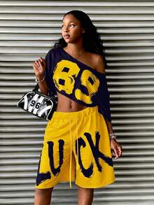 Fiercella Fiercella Fashion Women's Navy Blue Digital Print Asymmetric Neck Top And Drawstring Waist Shorts Sporty Two Pieces Set Going Out Night Out Summer Streetwear - Multicolor - View 6