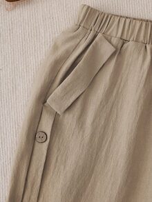 EMERY ROSE Women Solid Color Casual Daily Button Side Straight Pants - Khaki - View 6