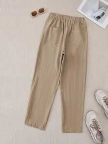 EMERY ROSE Women Solid Color Casual Daily Button Side Straight Pants - Khaki - View 2