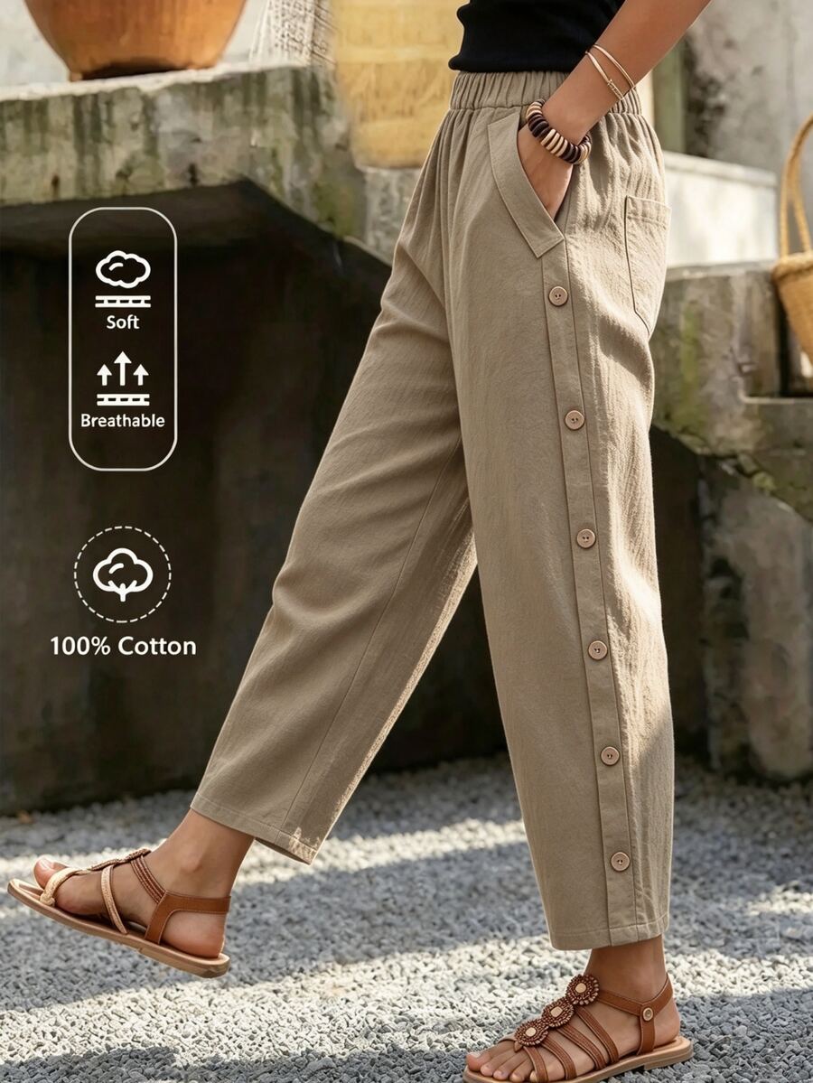 EMERY ROSE Women Solid Color Casual Daily Button Side Straight Pants - Khaki - View 1
