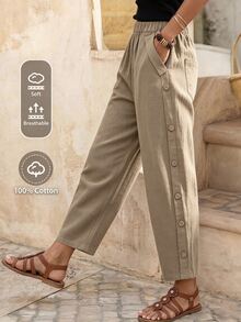 EMERY ROSE Women Solid Color Casual Daily Button Side Straight Pants - Khaki - View 7