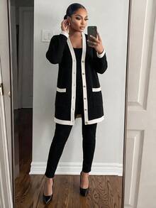 SHEIN Lady Plus Size Black And White Colorblock Button Long Sleeve Knit Cardigan Office Autumn Business Casual Night Out Work Outfits For Women Going Out Tops - Black - View 3