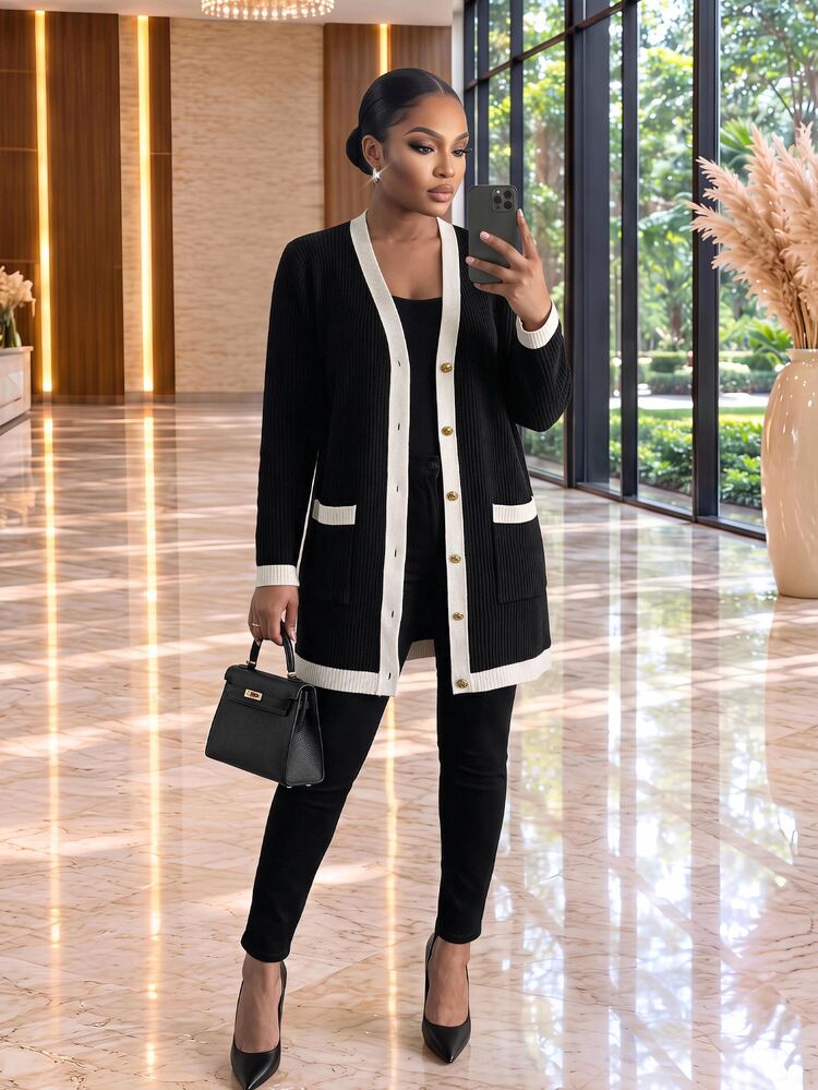 SHEIN Lady Plus Size Black And White Colorblock Button Long Sleeve Knit Cardigan Office Autumn Elegant Business Casual Night Out Work Outfits For Women - Black - View 1