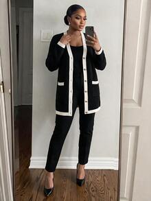 SHEIN Lady Plus Size Black And White Colorblock Button Long Sleeve Knit Cardigan Office Autumn Business Casual Night Out Work Outfits For Women Going Out Tops - Black - View 4