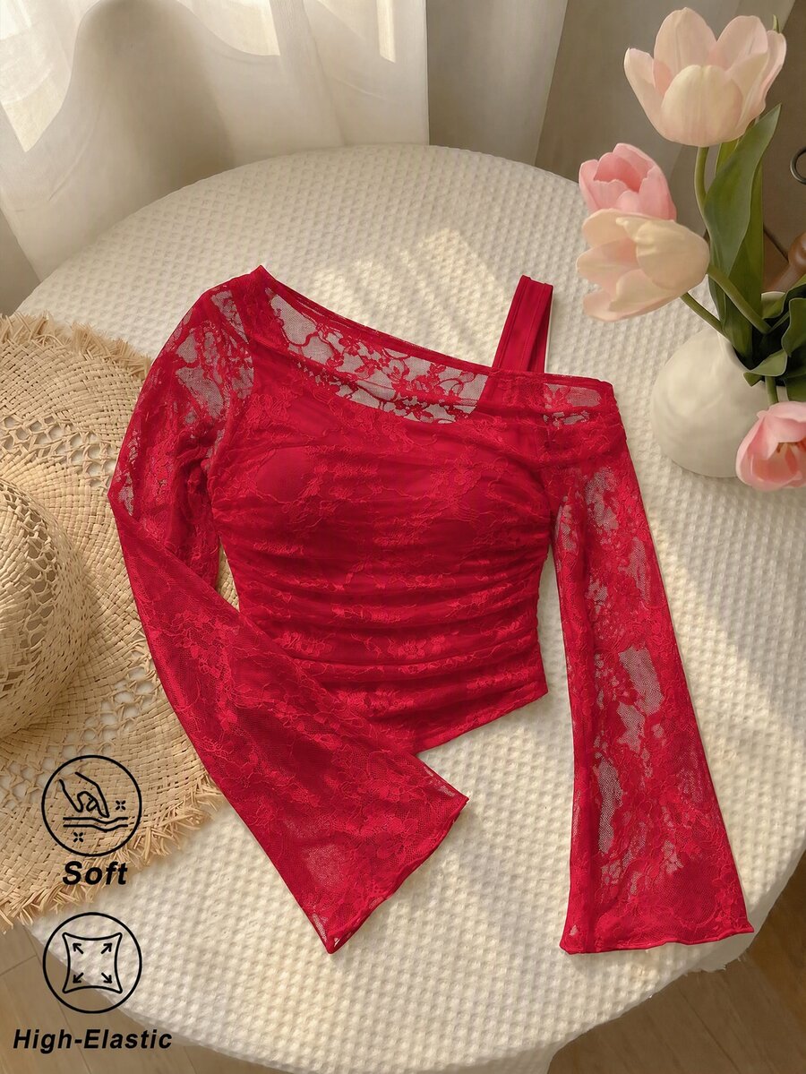 SHEIN MOD 白色露肩蕾絲二合一喇叭袖長袖女款上衣 - 紅色 - 查看 1