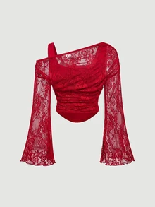 SHEIN MOD 白色露肩蕾絲二合一喇叭袖長袖女款上衣 - 紅色 - 查看 4