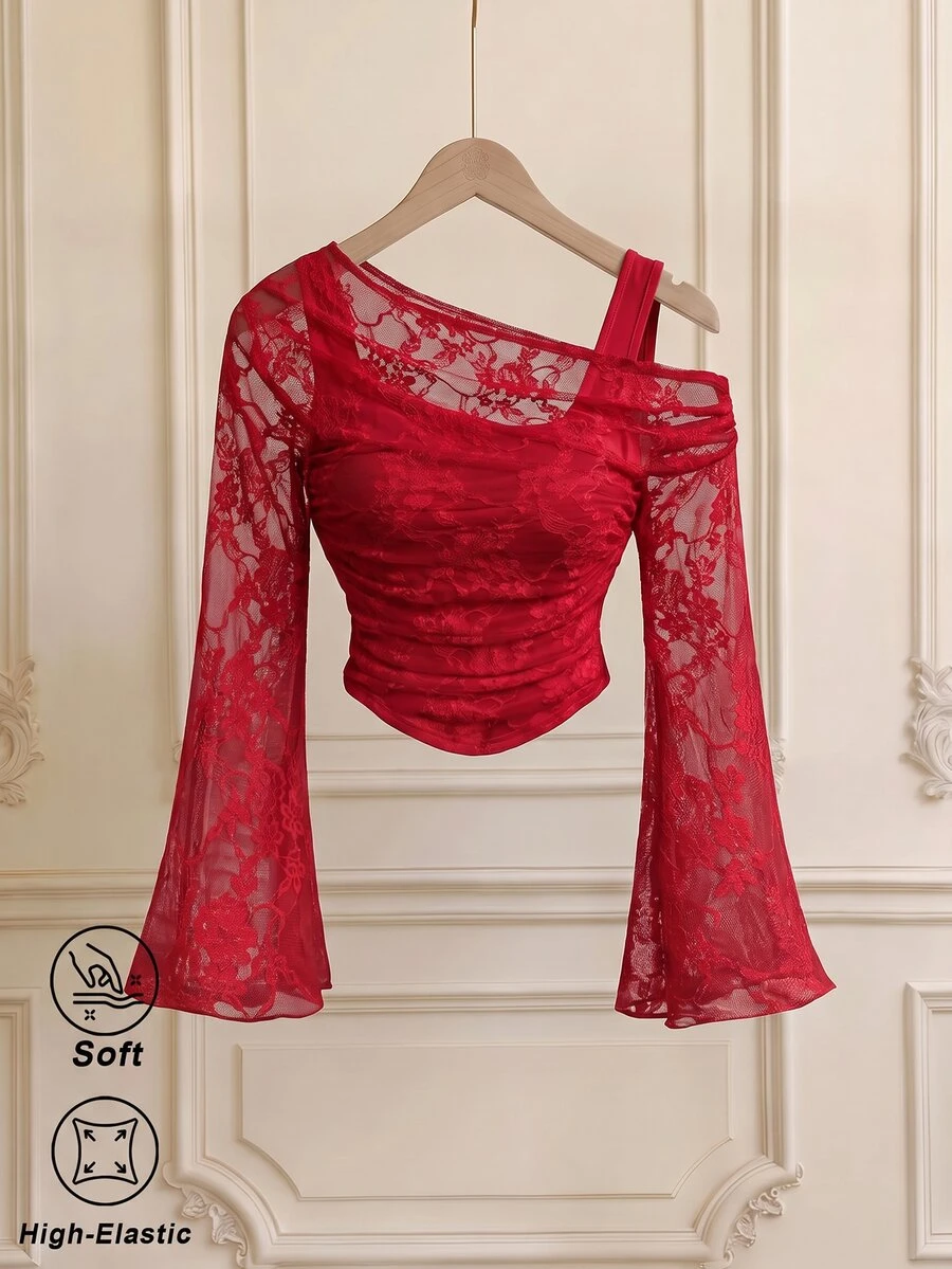 SHEIN MOD White Cold Shoulder Lace 2-In-1 Bell Sleeve Long Sleeve Women's Top - Red - View 1