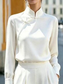 SHEIN Women's Elegant White Long-Sleeve Shirt With Decorative Chinese-Style Knot Buttons – Suitable For Spring, Summer, Autumn, And Going Out. - Beige - View 5