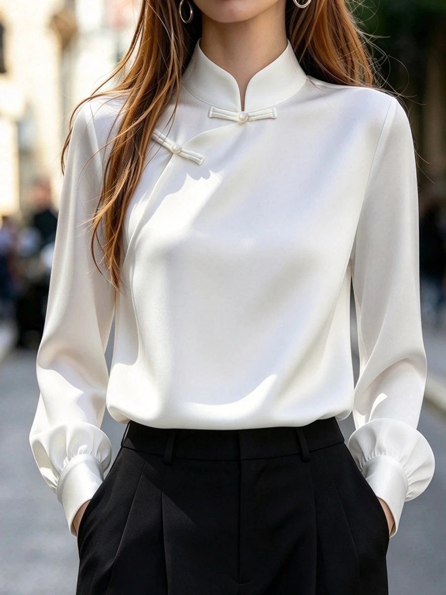 SHEIN Women's Elegant White Long-Sleeve Shirt With Decorative Chinese-Style Knot Buttons – Suitable For Spring, Summer, Autumn, And Going Out.