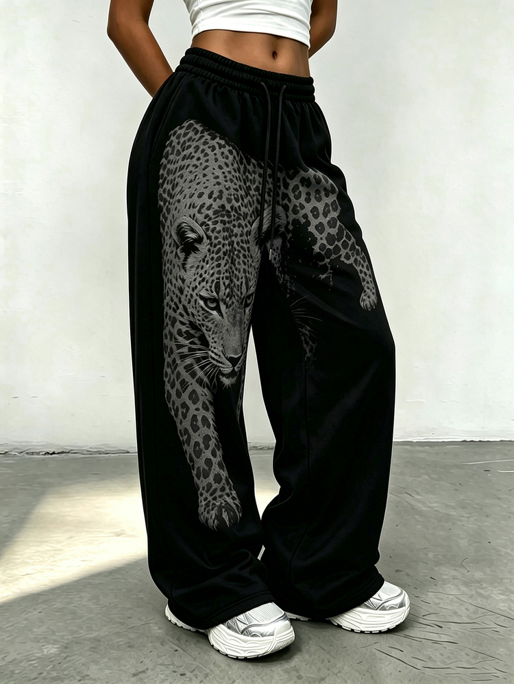 Rovax Women's Leopard Print Minimalist Pattern Straight Leg Loose Long Lightweight Sports Pants, Women's Comfortable Joggers With Leopard Print Design, Drawstring Waist, Casual All-Season Pants, Comfortable Design, Casual Outing Thin Sports Pants, Black Casual Knit Pants, Gift For Friends - Black - View 5